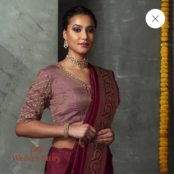 Onion Pink Tissue Chanderi Blouse with Hand Embroidery - Picture 1 of 4